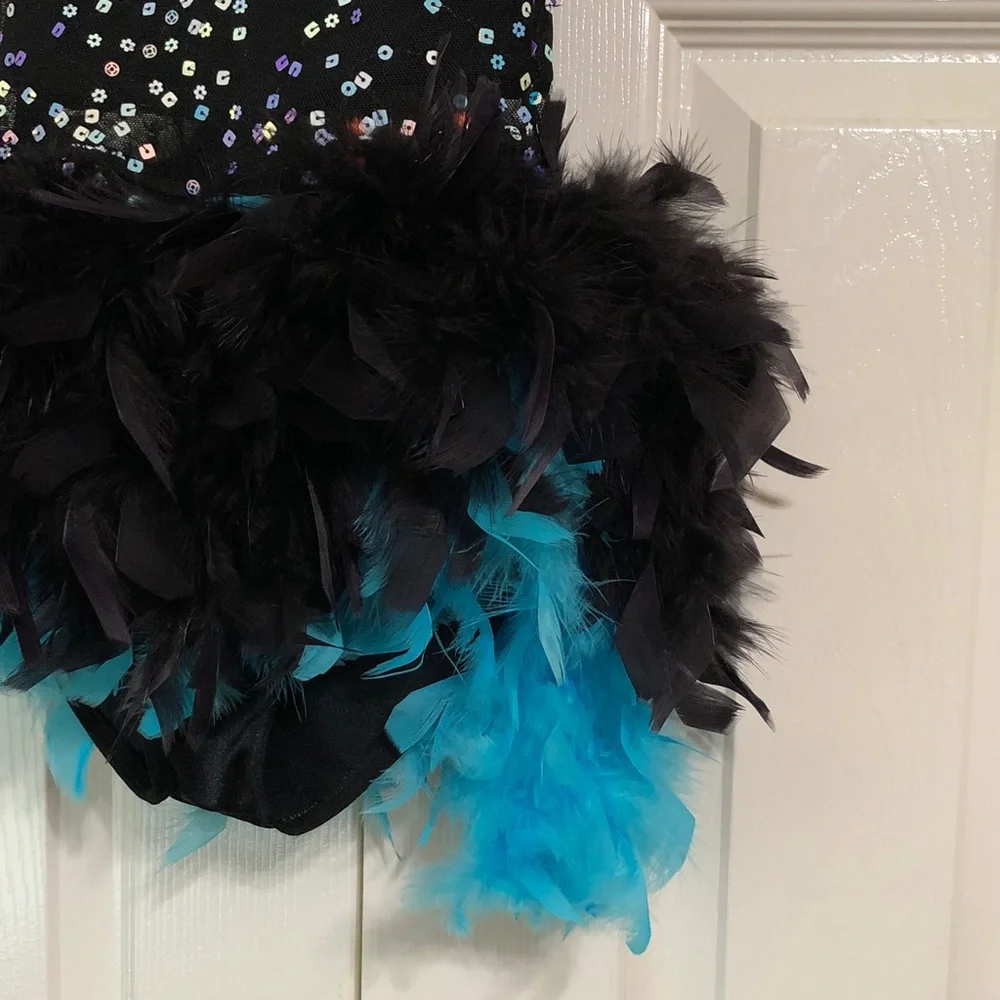 Weissman Size SC (Small) Girls Leotard Black/Teal Feathered Sequin Dance Costume